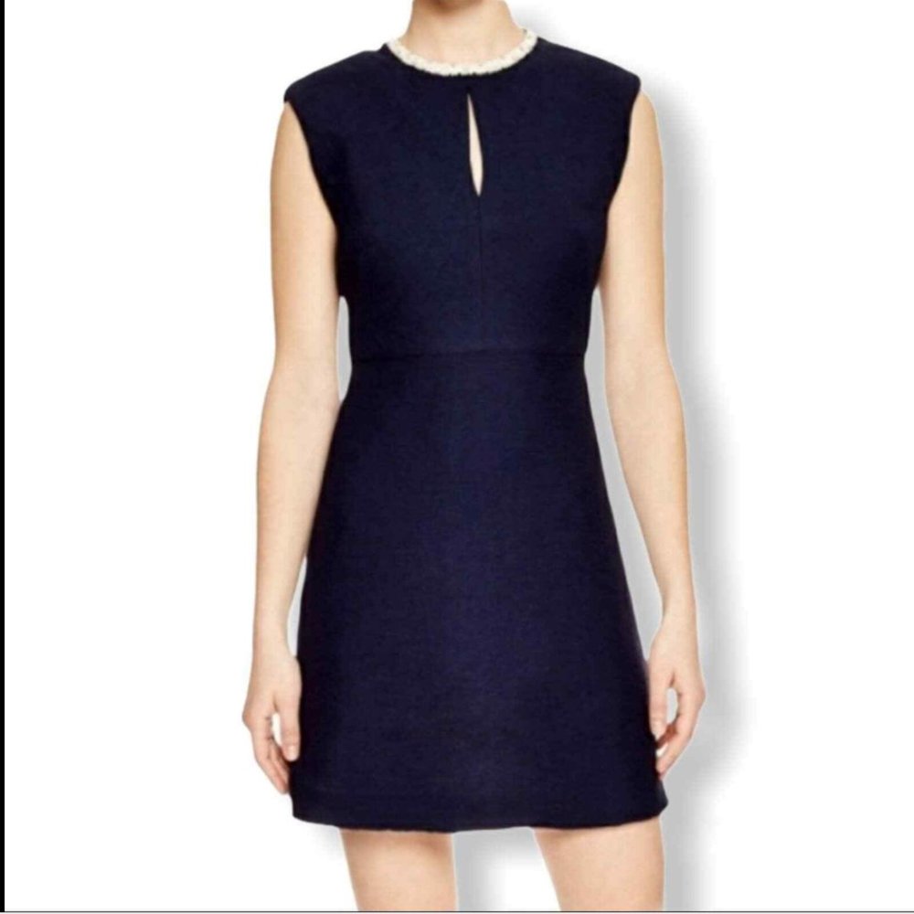 Sandro navy blue cap sleeve textured Rosalie dress (Size 34)